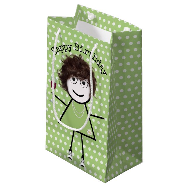 Birthday Stick Girl with Wine Glass Small Gift Bag (Front Angled)