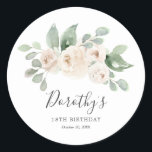 Birthday Sticker Custom 18th White Rose Floral<br><div class="desc">White roses are nestled in soft sage green eucalyptus leaves. The guest of honor's name,  18th Birthday and the date follow. All text is editable.</div>