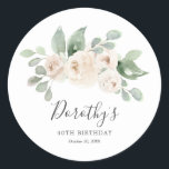 Birthday Sticker Custom 40th White Rose Floral<br><div class="desc">White roses are nestled in soft sage green eucalyptus leaves. The guest of honor's name,  40th Birthday and the date follow. All text is editable.</div>