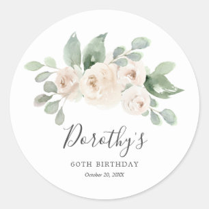 Birthday Sticker Custom 60th White Rose Floral