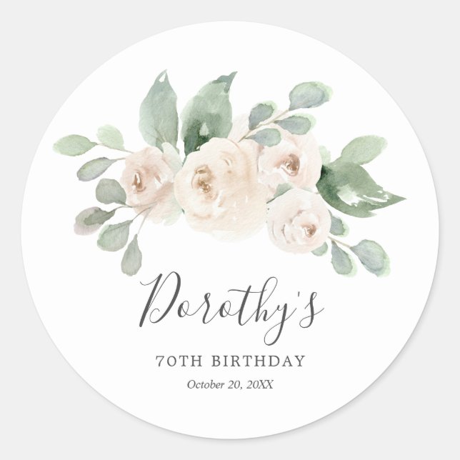 Birthday Sticker Custom 70th White Rose Floral  (Front)