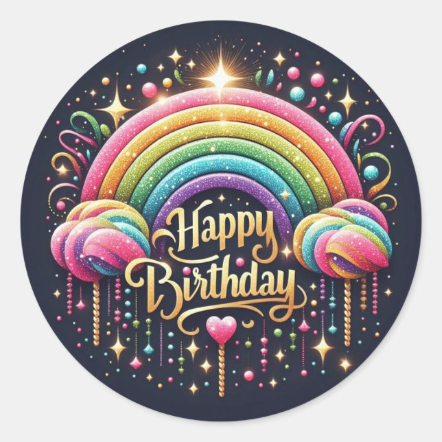 Birthday sticker-glittre rainbow  classic round sticker (Front)