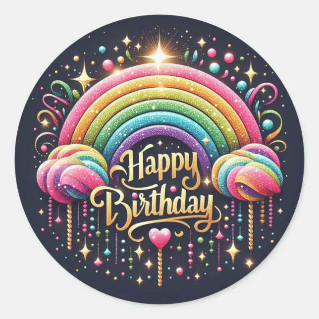 Birthday sticker-glittre rainbow classic round sticker | Zazzle