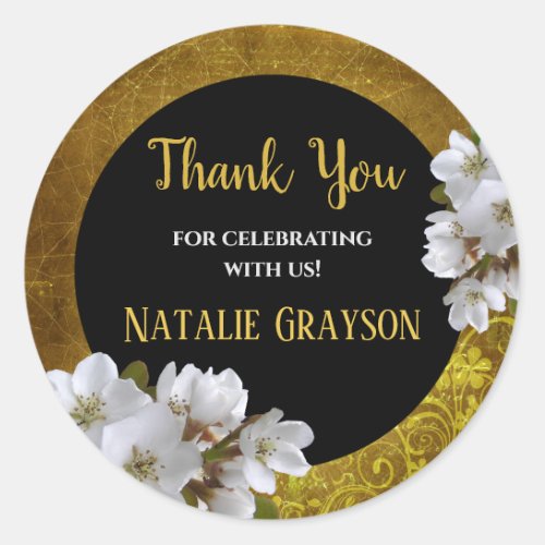 Birthday Stickers Black Gold Floral Thank You