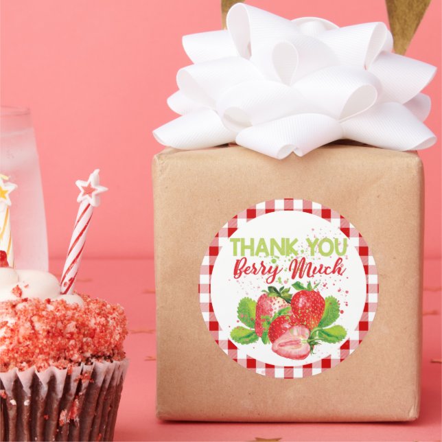 Birthday Strawberry Theme Plaid Thank you Classic Round Sticker (Party)