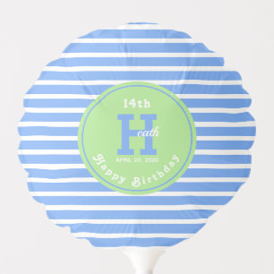 Birthday Stripes Blue⎮White Green Balloon
