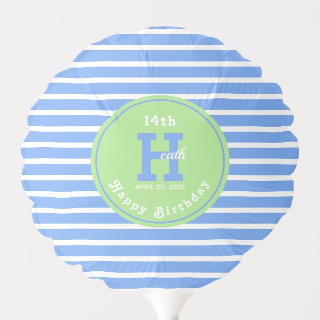 Birthday Stripes Blue⎮White Green Balloon (Front)
