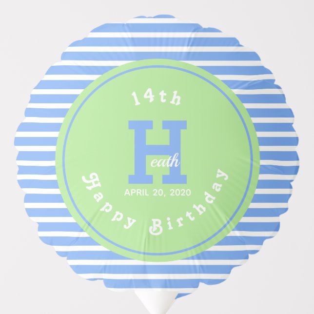 Birthday Stripes Blue⎮White Green Balloon (Front)
