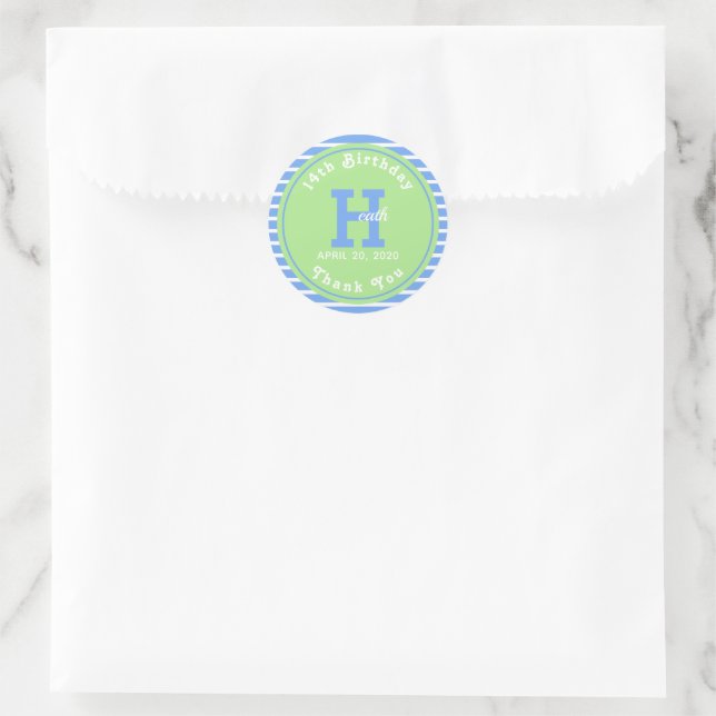 Birthday Stripes Blue⎮White Green Classic Round Sticker (Bag)