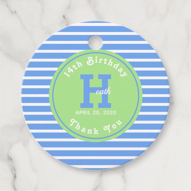 Birthday Stripes Blue⎮White Green Favor Tag (Front)