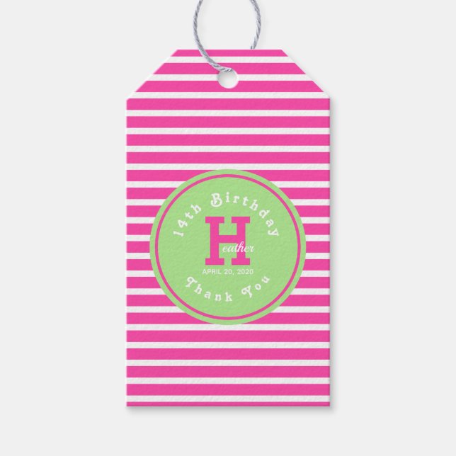 Birthday Stripes Pink⎮White Green Gift Tag (Front)