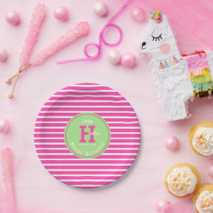 Birthday Stripes Pink⎮White Green Paper Plate