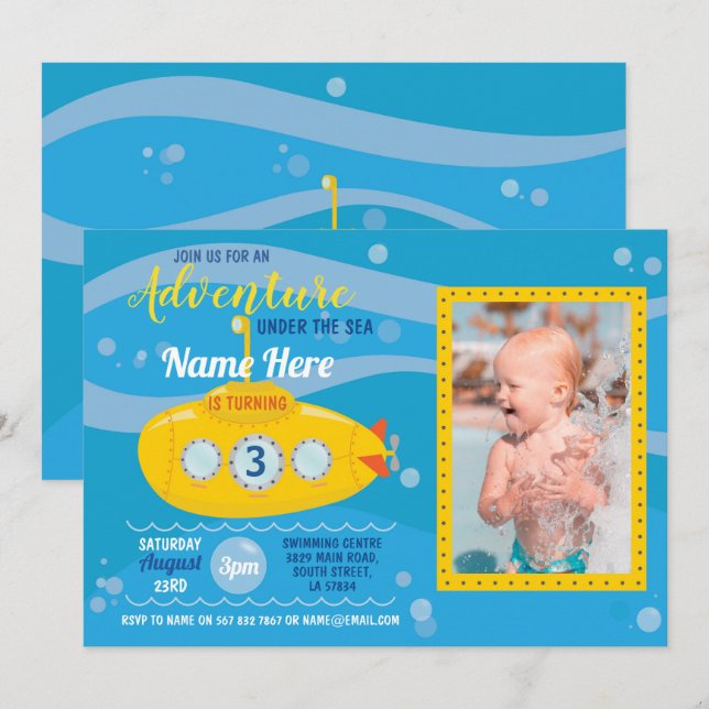 Birthday Submarine Swimming Party Photo Invite (Front/Back)