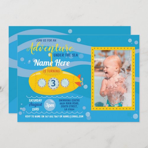 Birthday Submarine Swimming Party Photo Invite