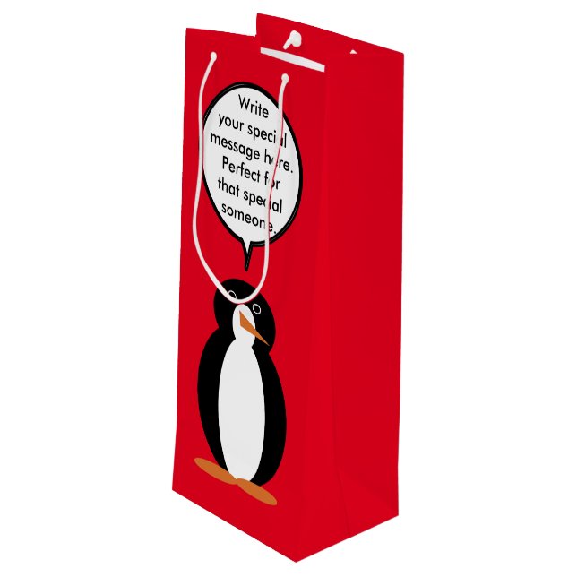 Birthday Suit Talking Ms. Penguin Personalized Wine Gift Bag (Back Angled)