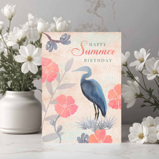 Birthday Summer Leaves Flowers and Heron Card