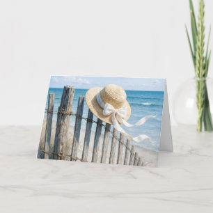 Birthday Summer Straw Hat On Beach Fence Card