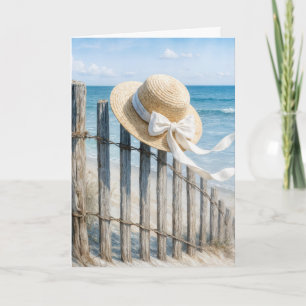 Birthday Summer Straw Hat On Beach Fence Card