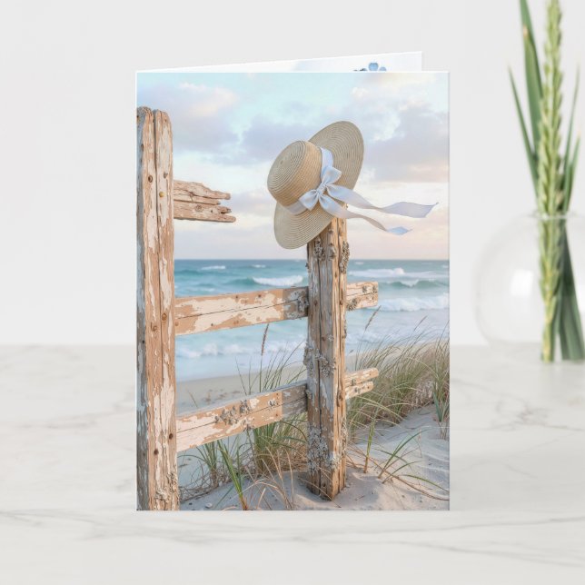 Birthday Sun Hat On a Beach Fence Card (Front)