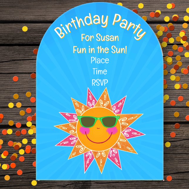 Birthday Sun Sunglasses Pink Orange Rays Blue Acrylic Invitations (Happy fancy orange sun triangle rays sunglasses in shdes of blue Birthday party invitation.)