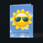 birthday sun with sunglasses on sun with sky card<br><div class="desc">sunglasses on sun with summer sky background for friend's birthday</div>