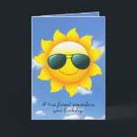 birthday sun with sunglasses on sun with sky card<br><div class="desc">sunglasses on sun with summer sky background for friend's birthday</div>