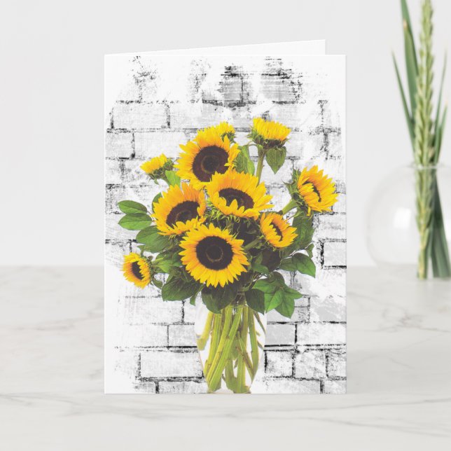 Birthday Sunflower Bouquet on Brick Wall  Card (Front)