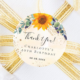 Birthday sunflower eucalyptus glitter thank you  classic round sticker