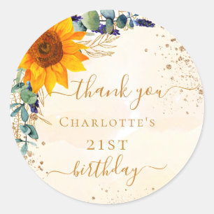 Birthday sunflower eucalyptus glitter thank you classic round sticker