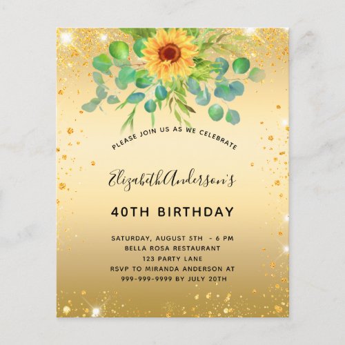 Birthday sunflower eucalyptus gold glitter budget flyer