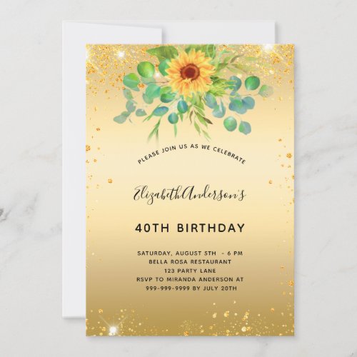 Birthday sunflower eucalyptus gold glitter invitation