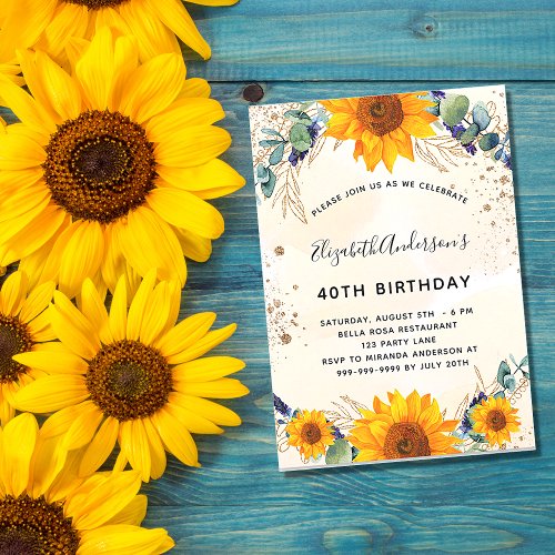 Birthday sunflower eucalyptus greenery glitter invitation postcard