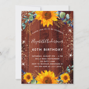 Birthday sunflower eucalyptus rustic brown wood invitation
