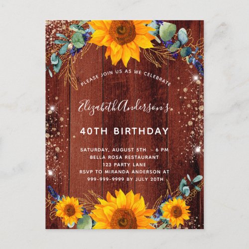 Birthday sunflower eucalyptus rustic brown wood invitation postcard
