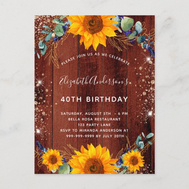Birthday sunflower eucalyptus rustic brown wood invitation postcard (Front)