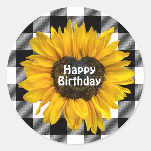 Birthday Sunflower Heart on Buffalo Plaid  Classic Round Sticker