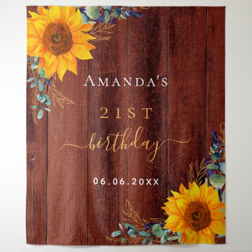 Birthday sunflower rustic brown wood eucalyptus tapestry