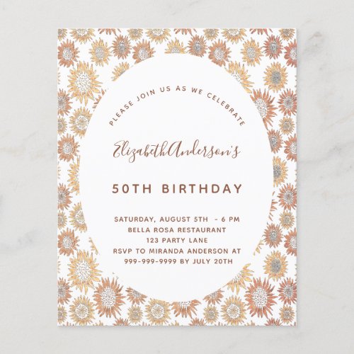 Birthday sunflower white gold budget invitation flyer