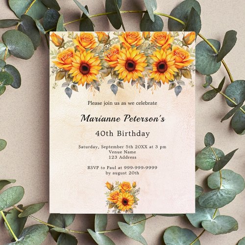 Birthday sunflower yellow orange budget invitation