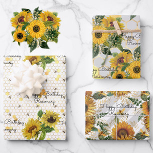 Birthday Sunflowers & Bees Add Name 3 Gift Wrapping Paper Sheets