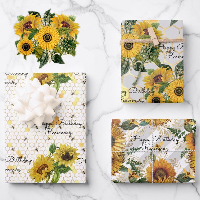 Birthday Sunflowers & Bees Add Name 3 Gift Wrapping Paper Sheets (Creator Uploaded)
