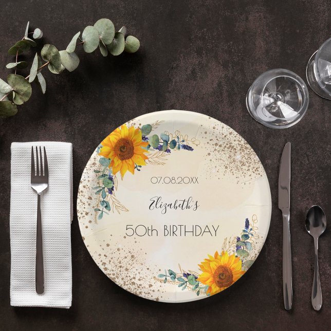 Birthday sunflowers eucalyptus greenery glitter paper plates (Creator Uploaded)