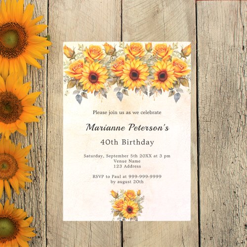 Birthday sunflowers greenery rustic yellow luxury invitation