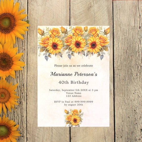 Birthday sunflowers greenery rustic yellow orange invitation