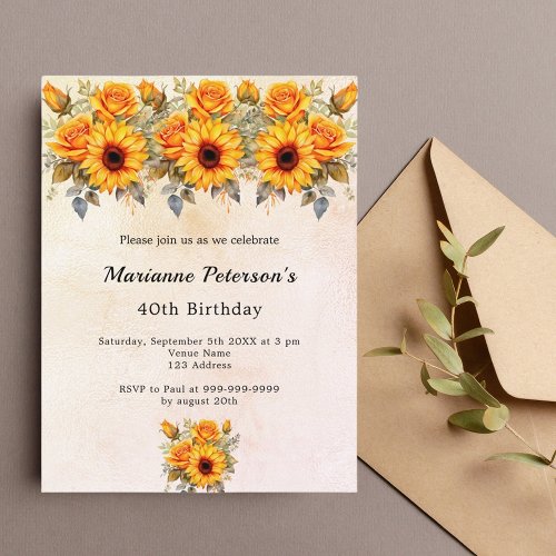 Birthday sunflowers greenery rustic yellow orange invitation postcard