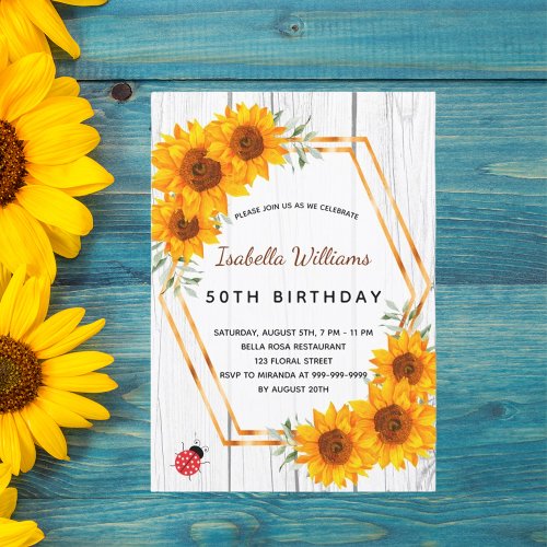 Birthday sunflowers rustic white wood geometric invitation