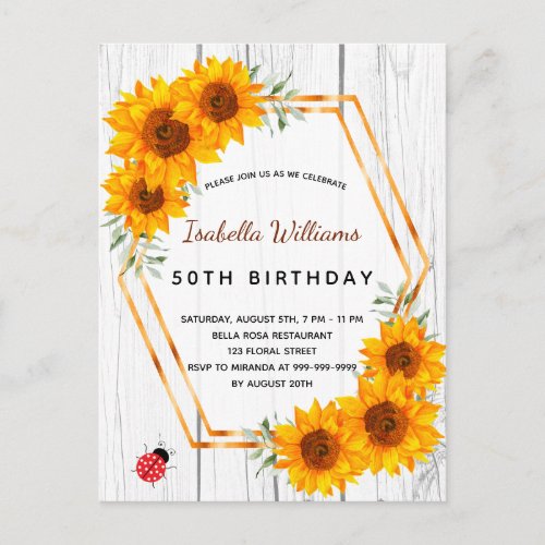 Birthday sunflowers rustic white wood invitation postcard
