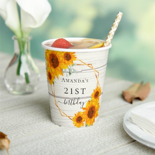 Birthday sunflowers rustic wood white name  paper cups