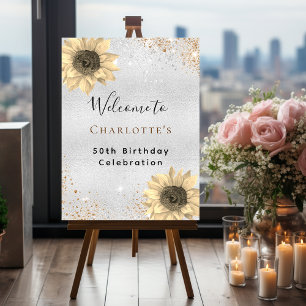 Birthday sunflowers silver gold glitter welcome foam board