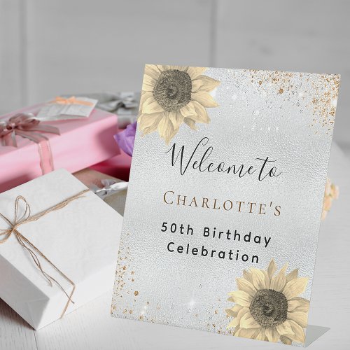 Birthday sunflowers silver gold glitter welcome pedestal sign